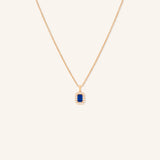 Emerald Cut Blue Sapphire Diamond Halo Pendant Necklace