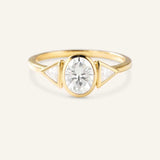 Caldwell Three Stone Bezel Oval and Triangle Diamond Engagement Ring