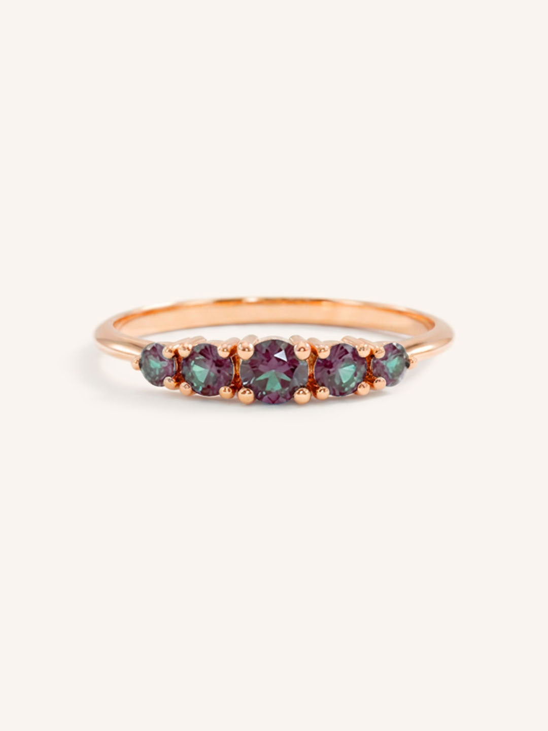 Rose gold Lovett five stone alexandrite anniversary ring front view on white background