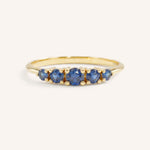 Yellow gold Lovett five stone blue sapphire anniversary ring front view on white background