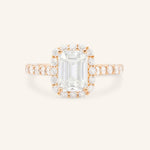Rose Gold Ayame Emerald Cut Diamond Halo Engagement Ring front view on white background