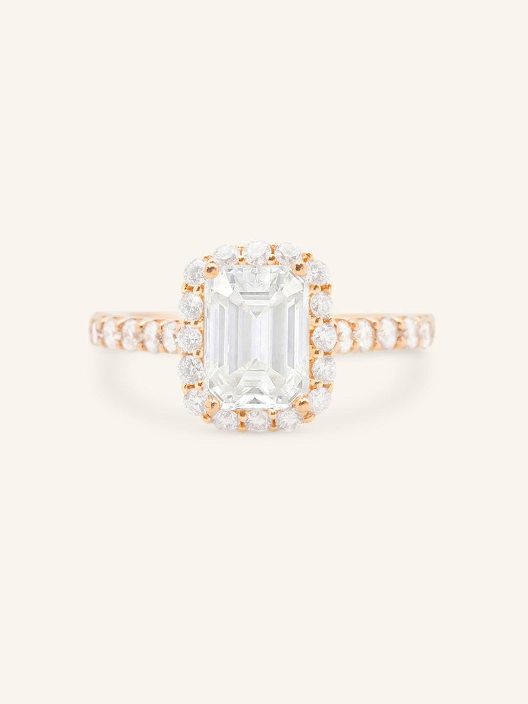 Rose Gold Ayame Emerald Cut Diamond Halo Engagement Ring front view on white background