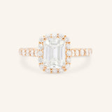 Rose Gold Ayame Emerald Cut Diamond Halo Engagement Ring front view on white background