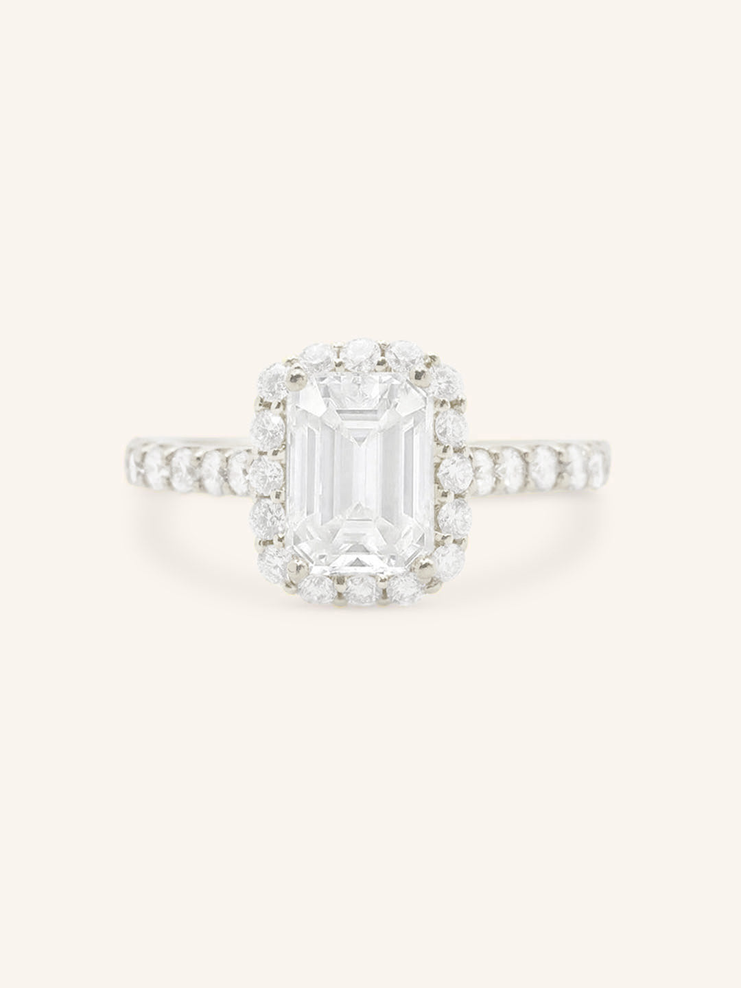 White Gold Ayame Emerald Cut Diamond Halo Engagement Ring front view on white background