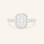 White Gold Ayame Emerald Cut Diamond Halo Engagement Ring front view on white background
