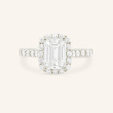 White Gold Ayame Emerald Cut Diamond Halo Engagement Ring front view on white background