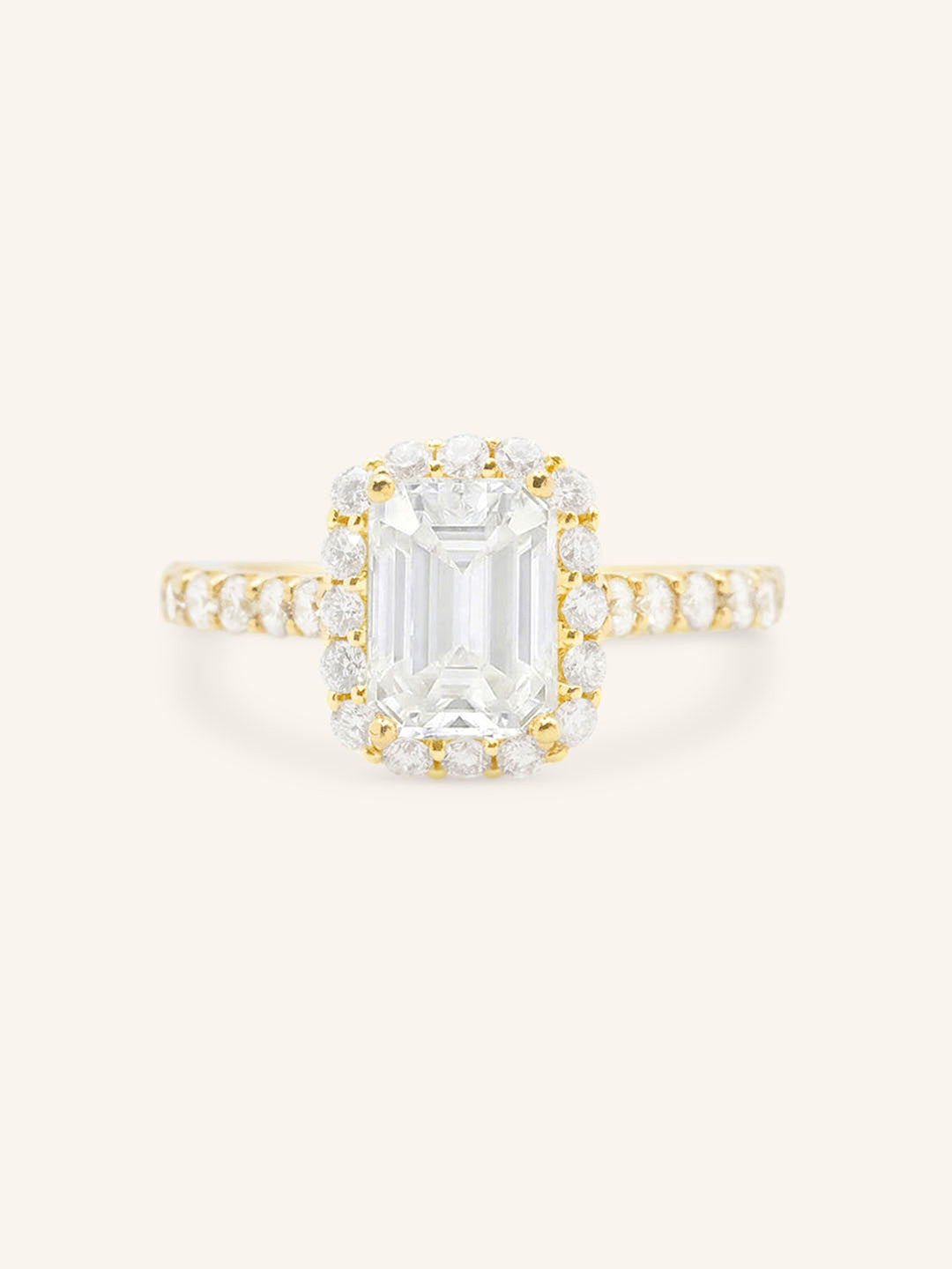 Yellow Gold Ayame Emerald Cut Diamond Halo Engagement Ring front view on white background