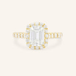 Yellow Gold Ayame Emerald Cut Diamond Halo Engagement Ring front view on white background