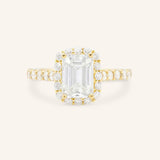 Yellow Gold Ayame Emerald Cut Diamond Halo Engagement Ring front view on white background