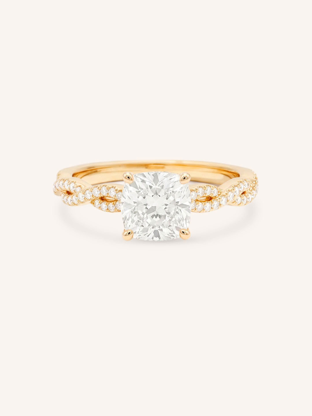 Rose Gold Levana Cushion Diamond Twist Accented Engagement Ring front view on white background