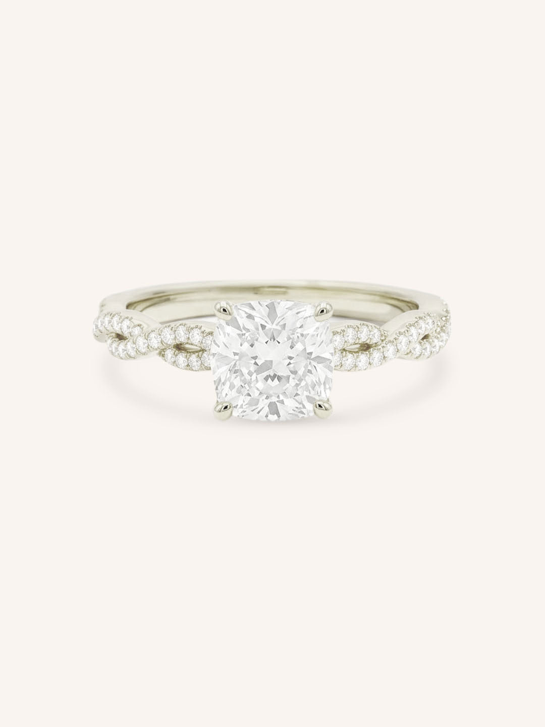 White Gold Levana Cushion Diamond Twist Accented Engagement Ring front view on white background