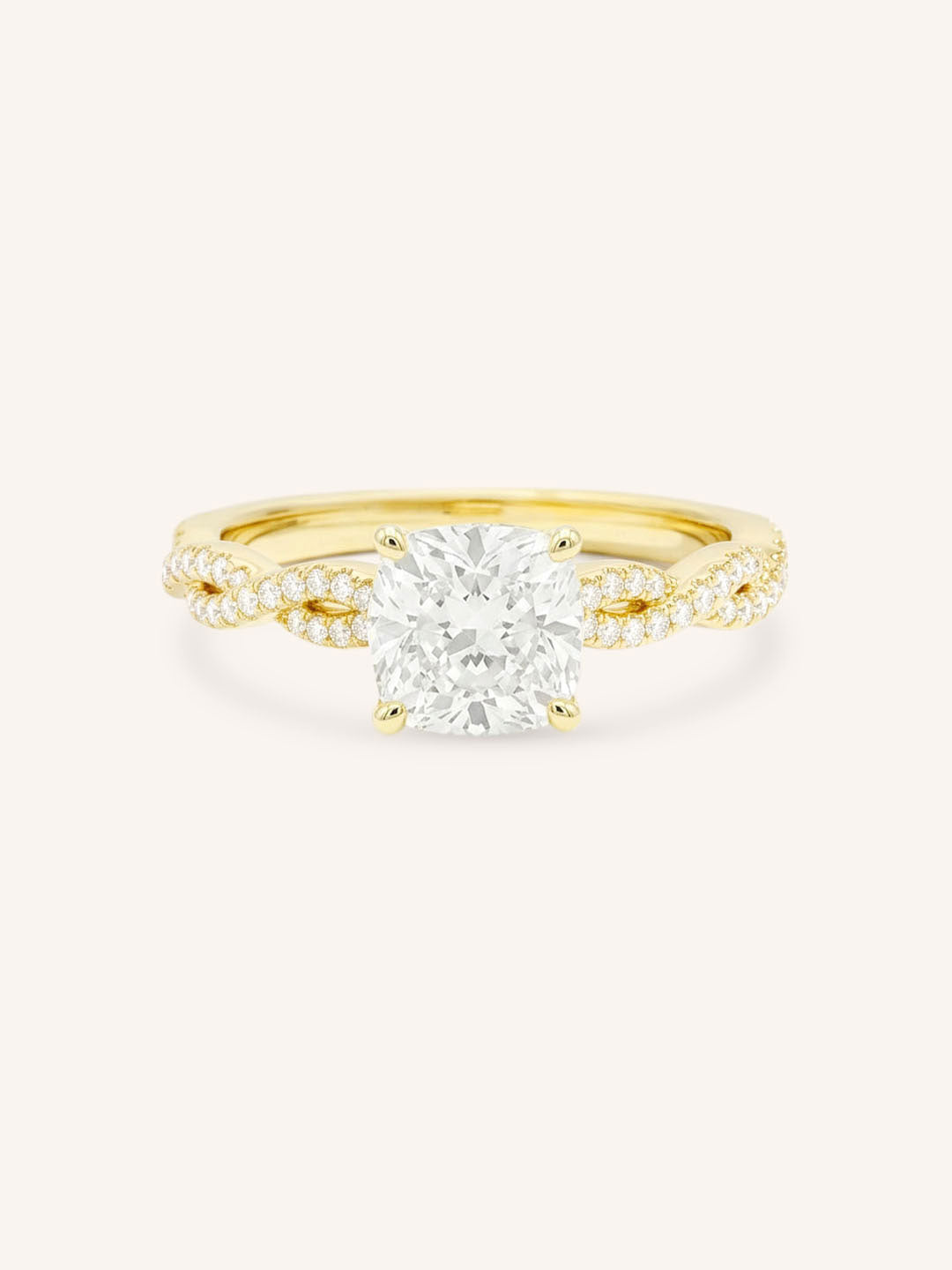 Yellow Gold Levana Cushion Diamond Twist Accented Engagement Ring front view on white background
