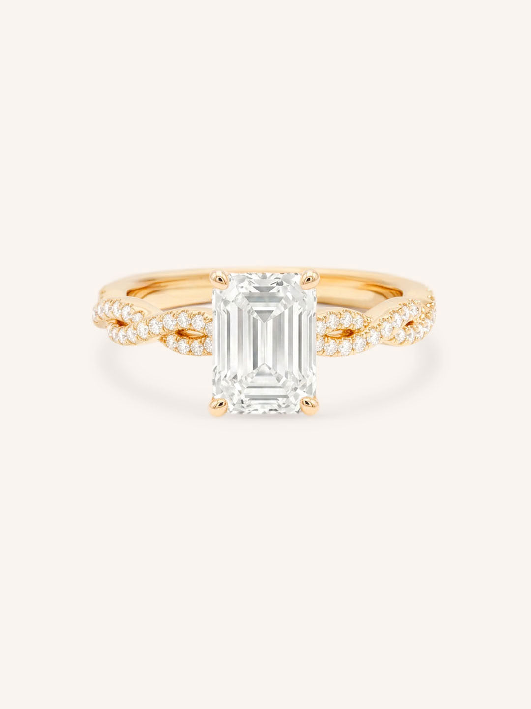 Rose Gold Levana Emerald Cut Diamond Twist Accented Engagement Ring front view on white background