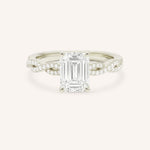 White Gold Levana Emerald Cut Diamond Twist Accented Engagement Ring front view on white background