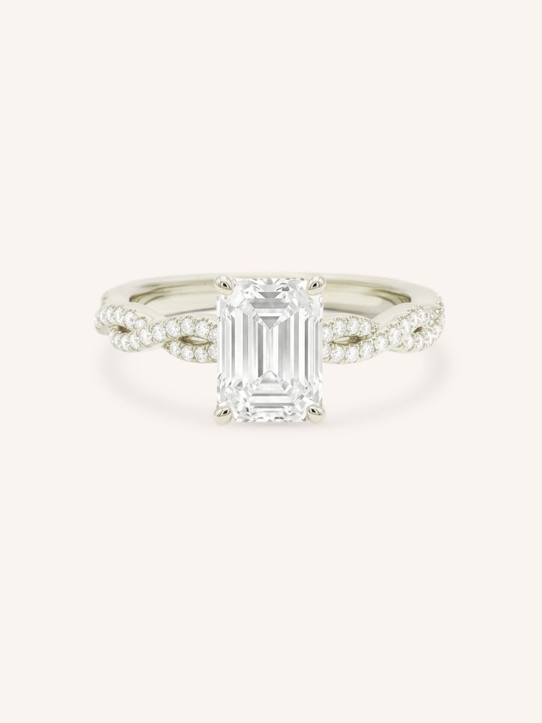 White Gold Levana Emerald Cut Diamond Twist Accented Engagement Ring front view on white background