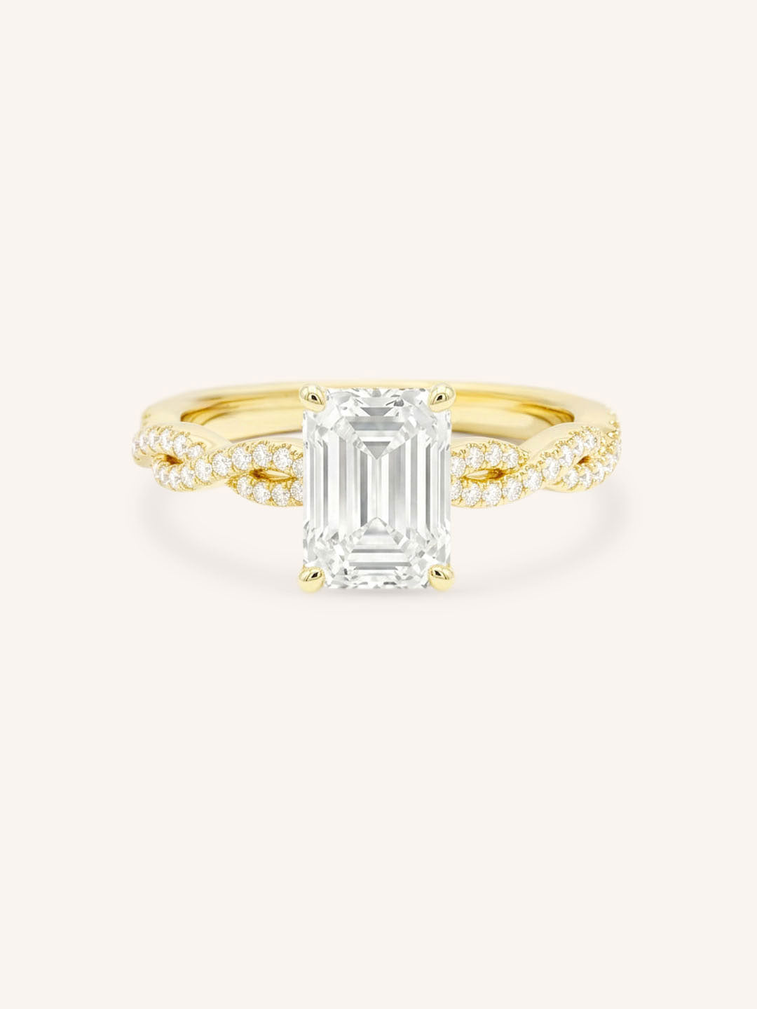 Yellow Gold Levana Emerald Cut Diamond Twist Accented Engagement Ring front view on white background