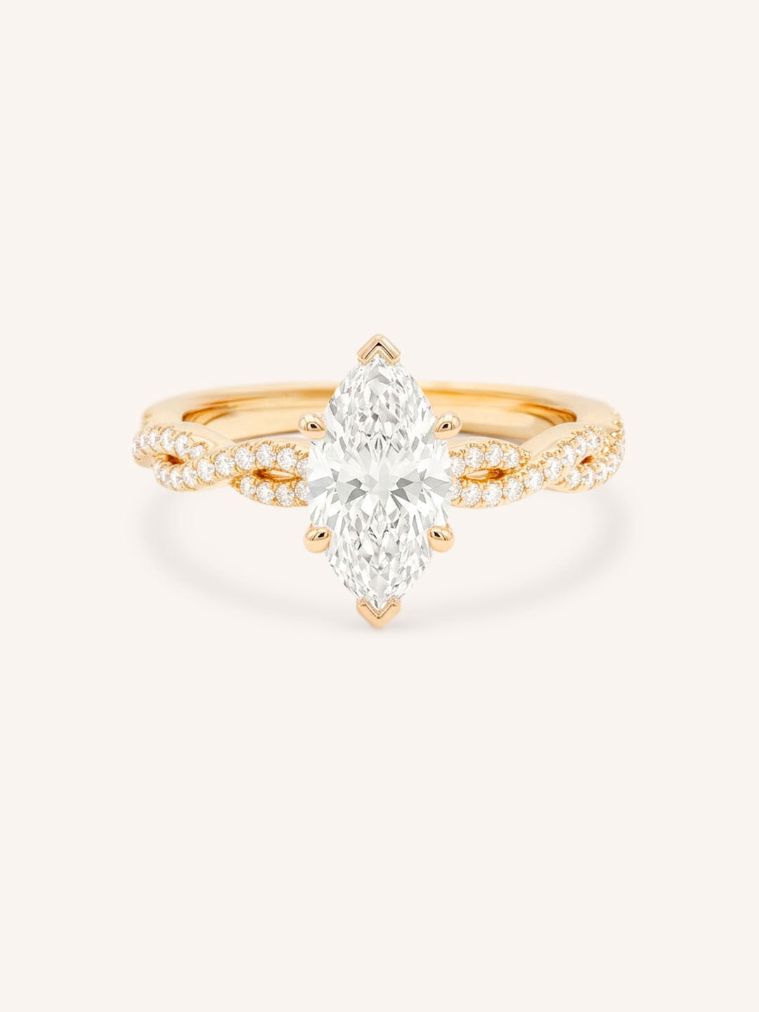 Rose Gold Levana Marquise Diamond Twist Accented Engagement Ring front view on white background