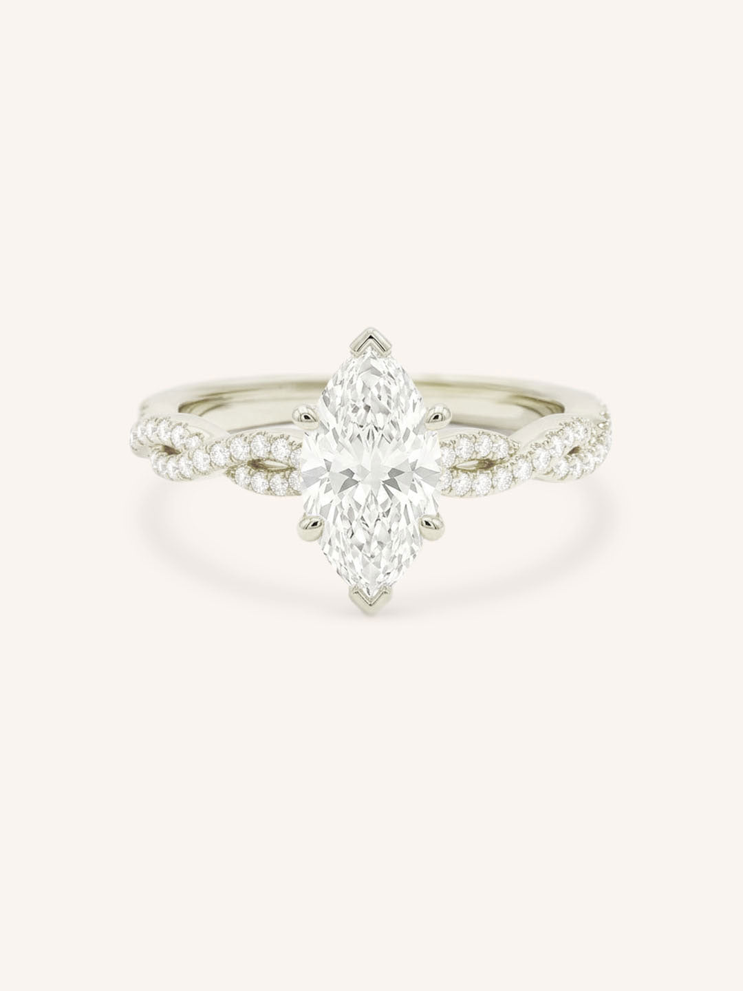 White Gold Levana Marquise Diamond Twist Accented Engagement Ring front view on white background