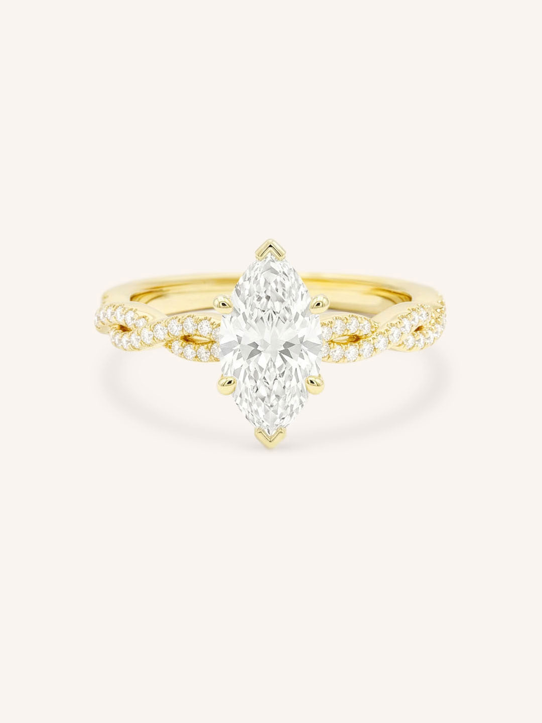 Yellow Gold Levana Marquise Diamond Twist Accented Engagement Ring front view on white background