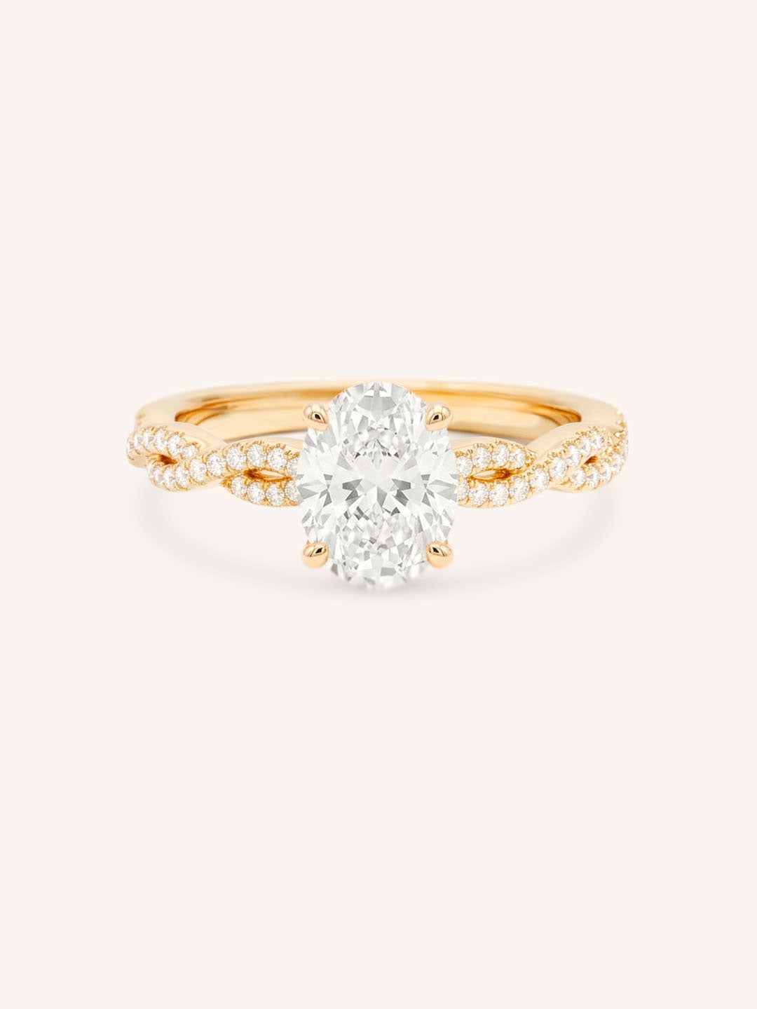 Rose Gold Levana Oval Diamond Twist Accented Engagement Ring front view on white background