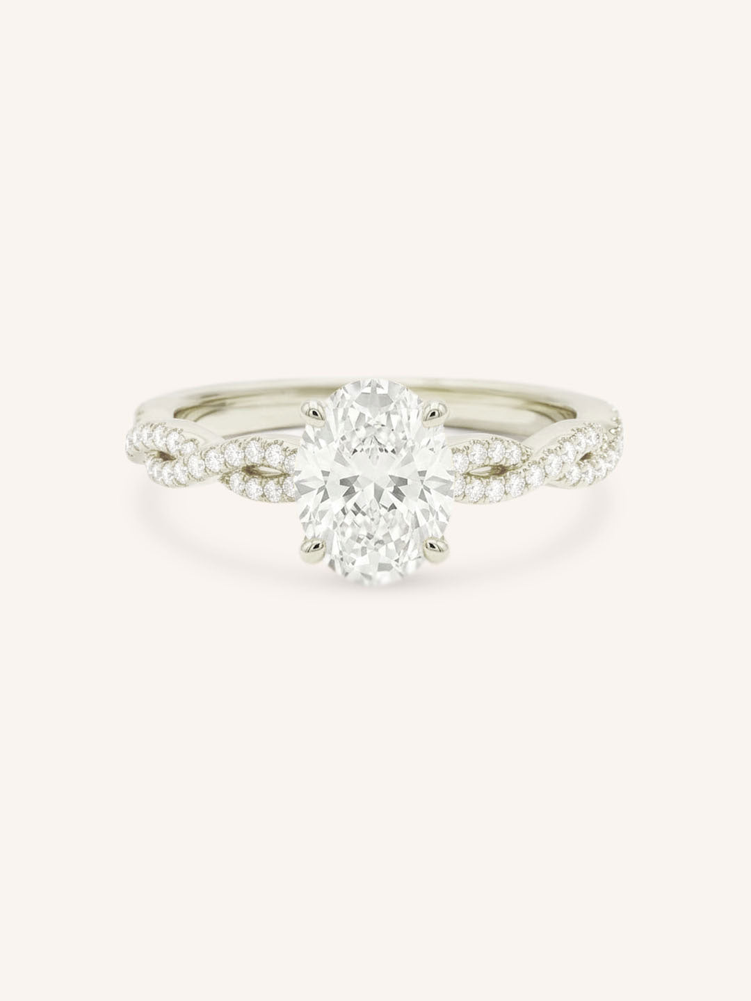 White Gold Levana Oval Diamond Twist Accented Engagement Ring front view on white background