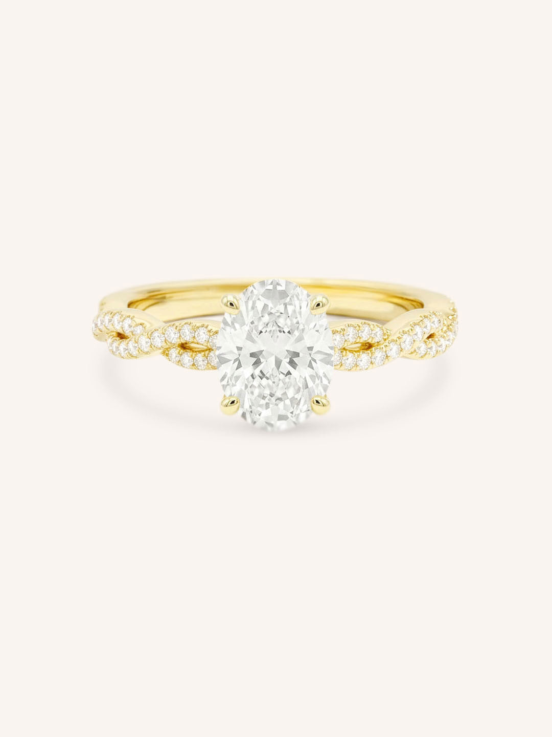 Yellow Gold Levana Oval Diamond Twist Accented Engagement Ring front view on white background