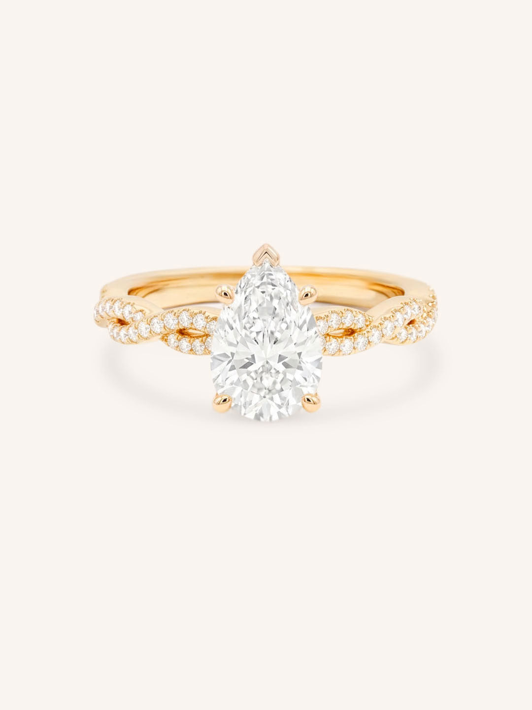 Rose Gold Levana Pear Diamond Twist Accented Engagement Ring front view on white background