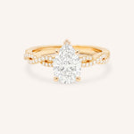 Rose Gold Levana Pear Diamond Twist Accented Engagement Ring front view on white background