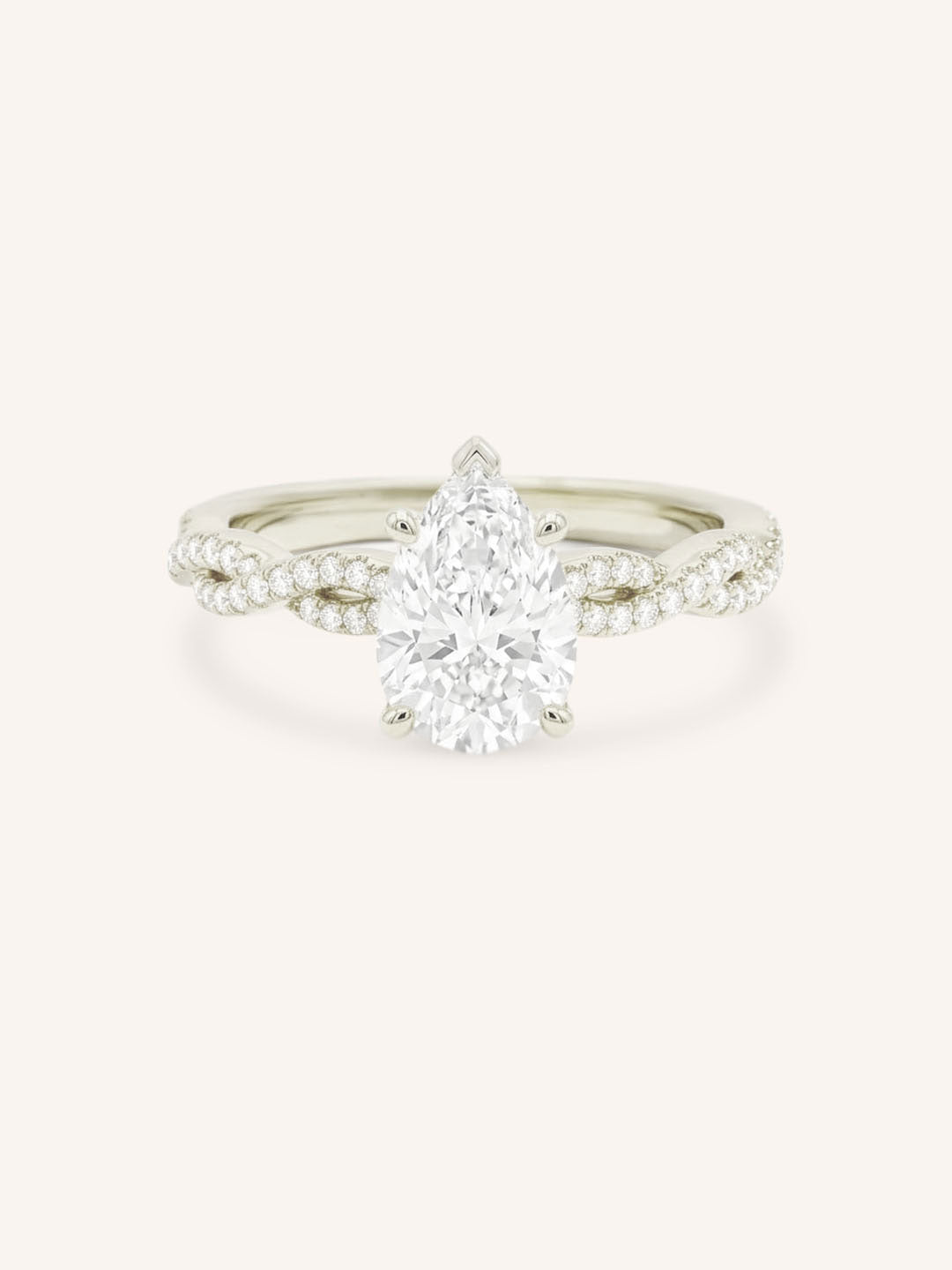 White Gold Levana Pear Diamond Twist Accented Engagement Ring front view on white background
