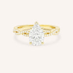 Yellow Gold Levana Pear Diamond Twist Accented Engagement Ring front view on white background