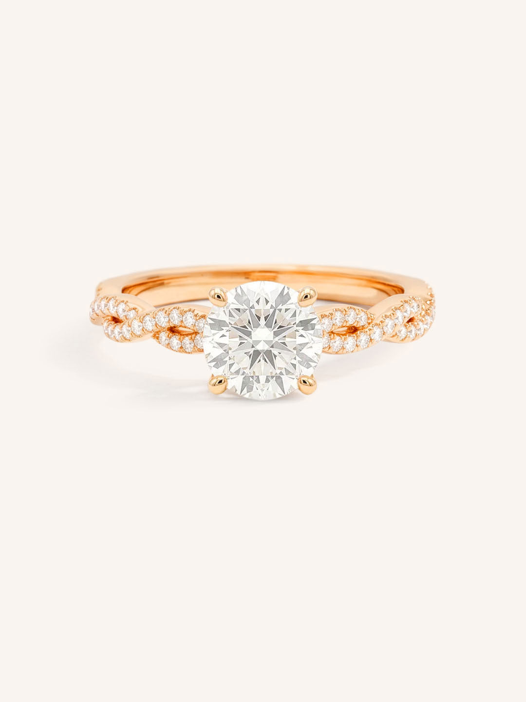 Rose Gold Levana Round Diamond Twist Accented Engagement Ring front view on white background