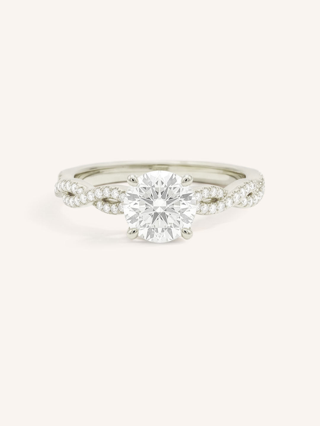 White Gold Levana Round Diamond Twist Accented Engagement Ring front view on white background