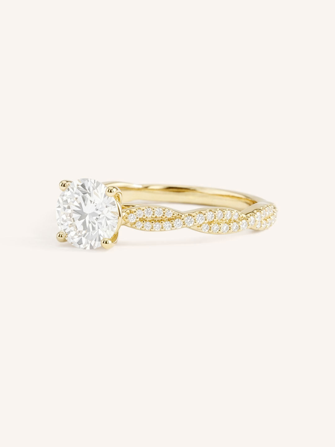 Yellow Gold Levana Round Diamond Twist Accented Engagement Ring side view on white background