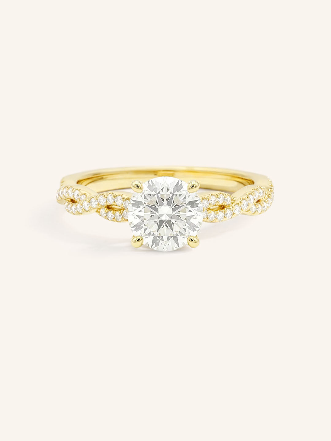 Yellow Gold Levana Round Diamond Twist Accented Engagement Ring front view on white background
