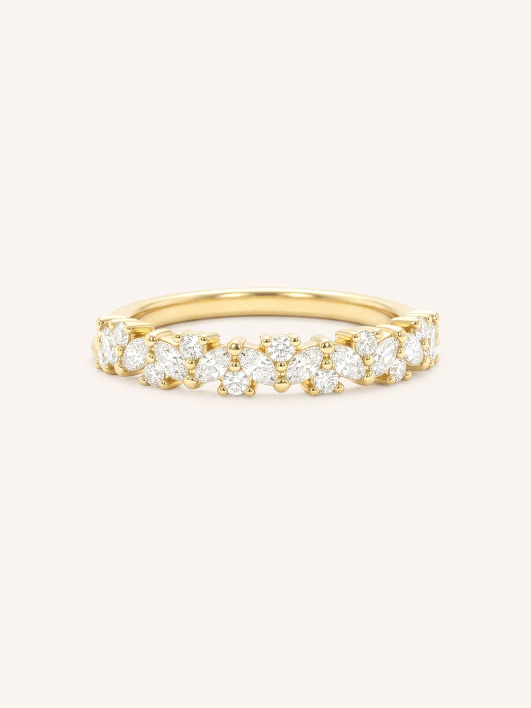 Yellow gold Pennywell diamond anniversary band front view on white background