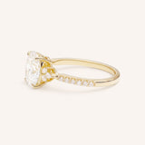 Yellow Gold oval diamond engagement ring with pave band side view on white background