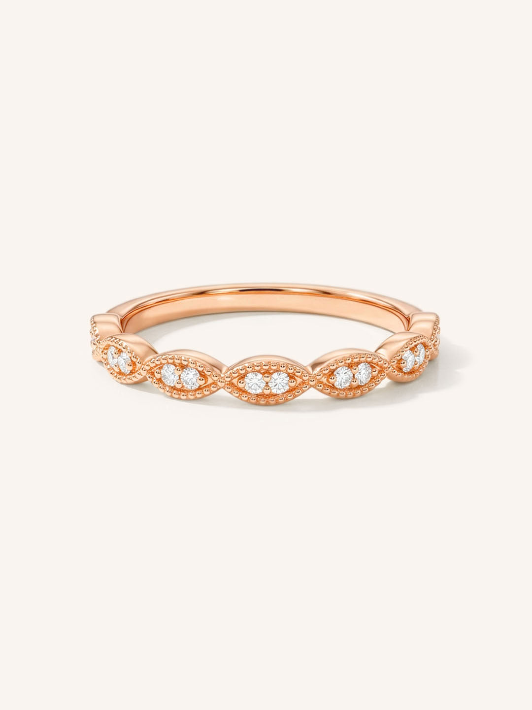 Rose gold Loubet milgrain diamond wedding band front view on white background