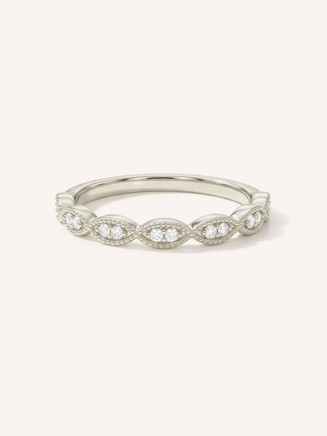 White gold Loubet milgrain diamond wedding band front view on white background