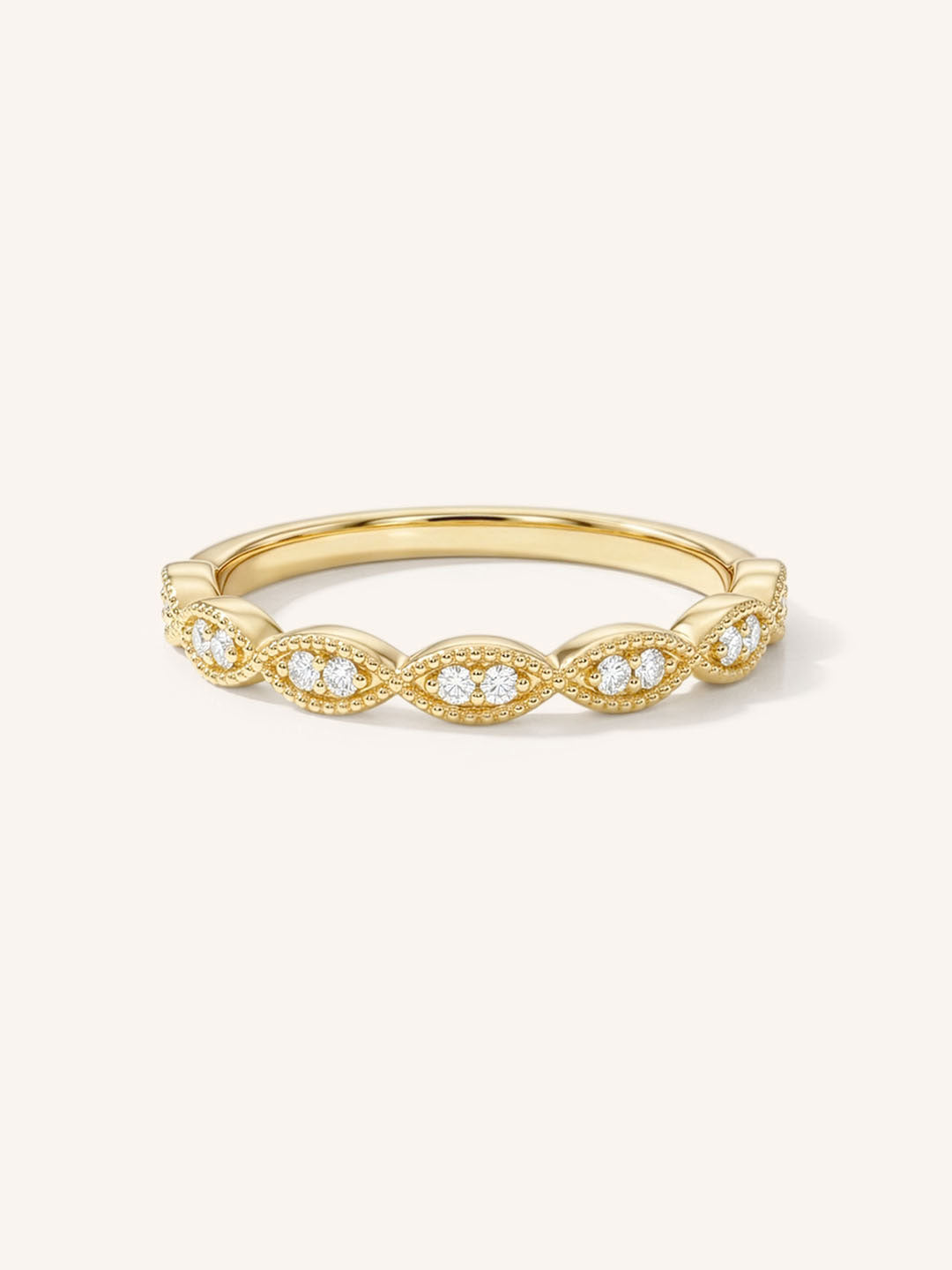 Yellow gold Loubet milgrain diamond wedding band front view on white background