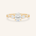 Rose gold Lindey oval three stone diamond engagement ring front view on white background