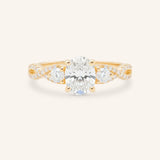 Rose gold Lindey oval three stone diamond engagement ring front view on white background
