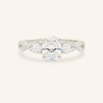 White gold Lindey oval three stone diamond engagement ring front view on white background