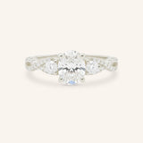 White gold Lindey oval three stone diamond engagement ring front view on white background