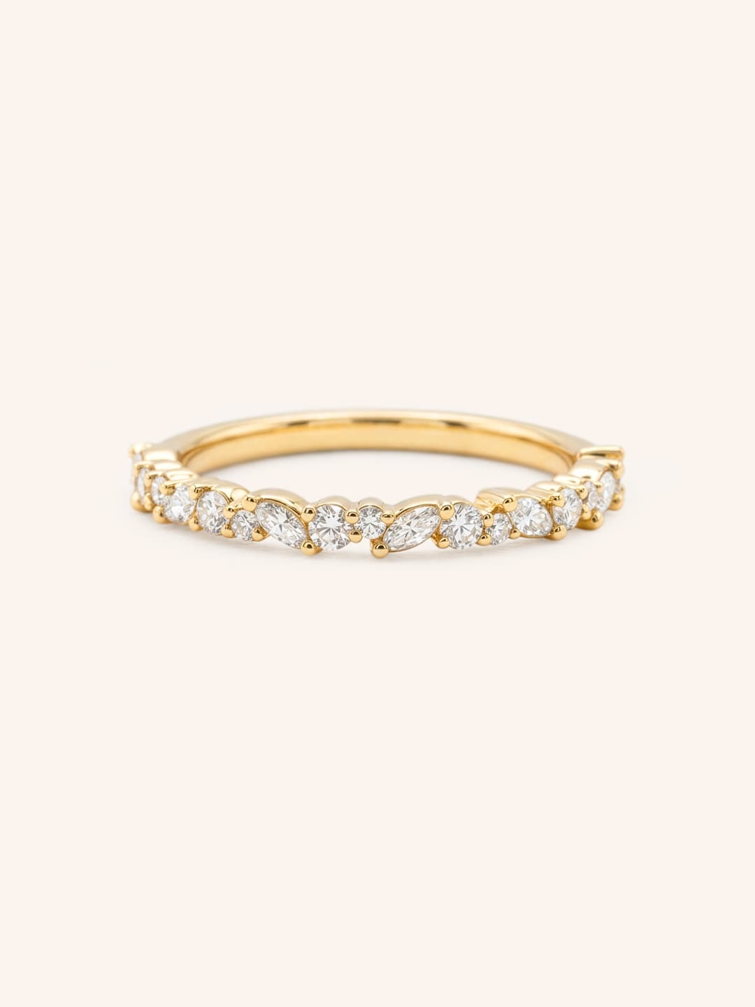 Yellow gold Mandana diamond anniversary band front view on white background