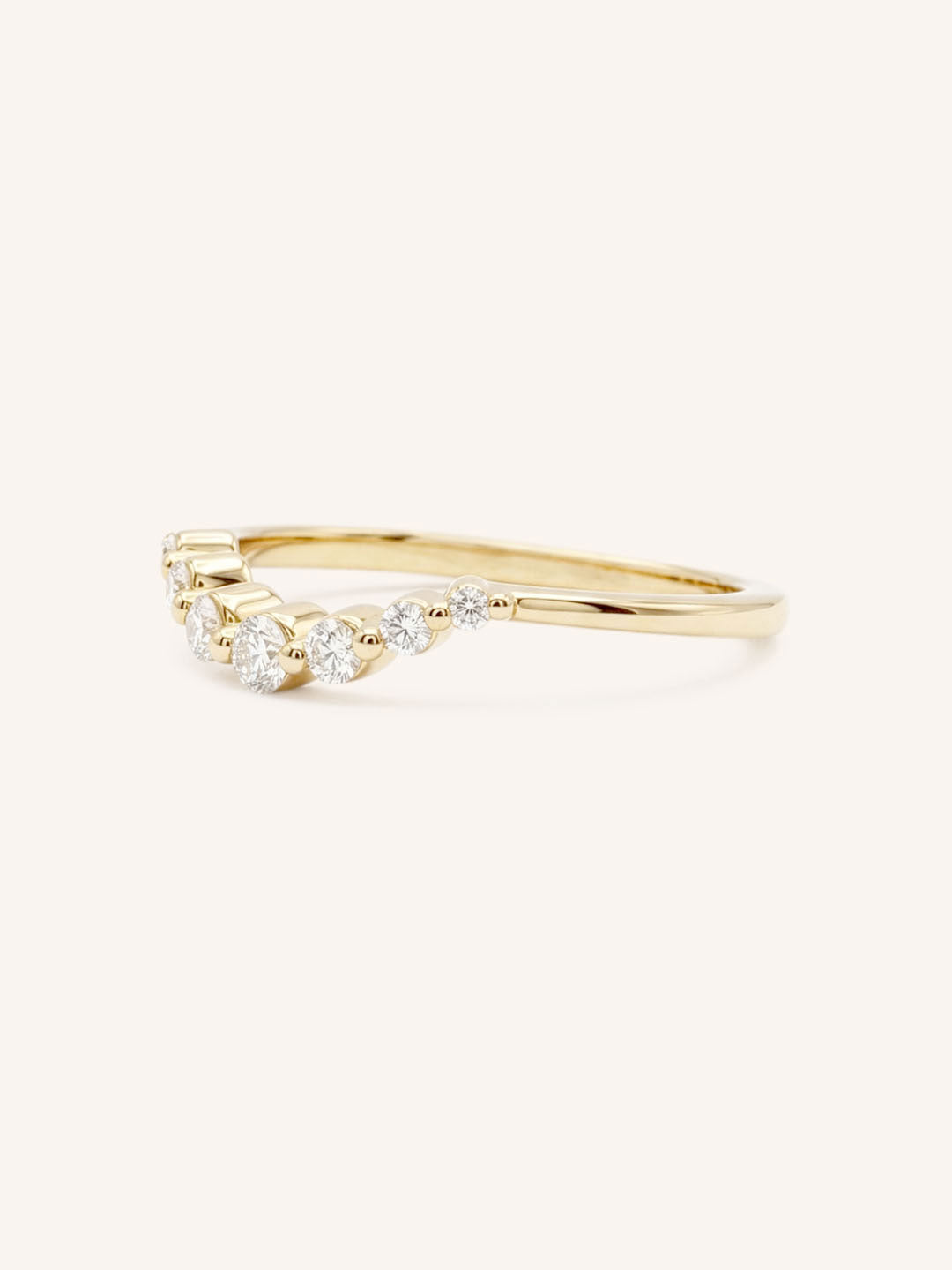 Yellow Gold Curved Diamond Wedding Band, side view, on white background
