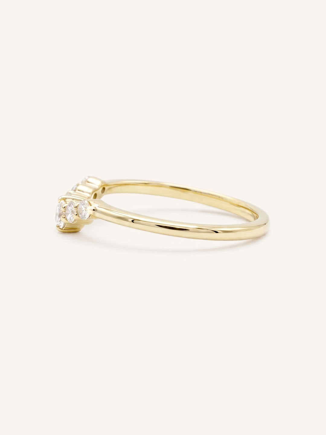 Yellow Gold Curved Diamond Wedding Band, side view, on white background