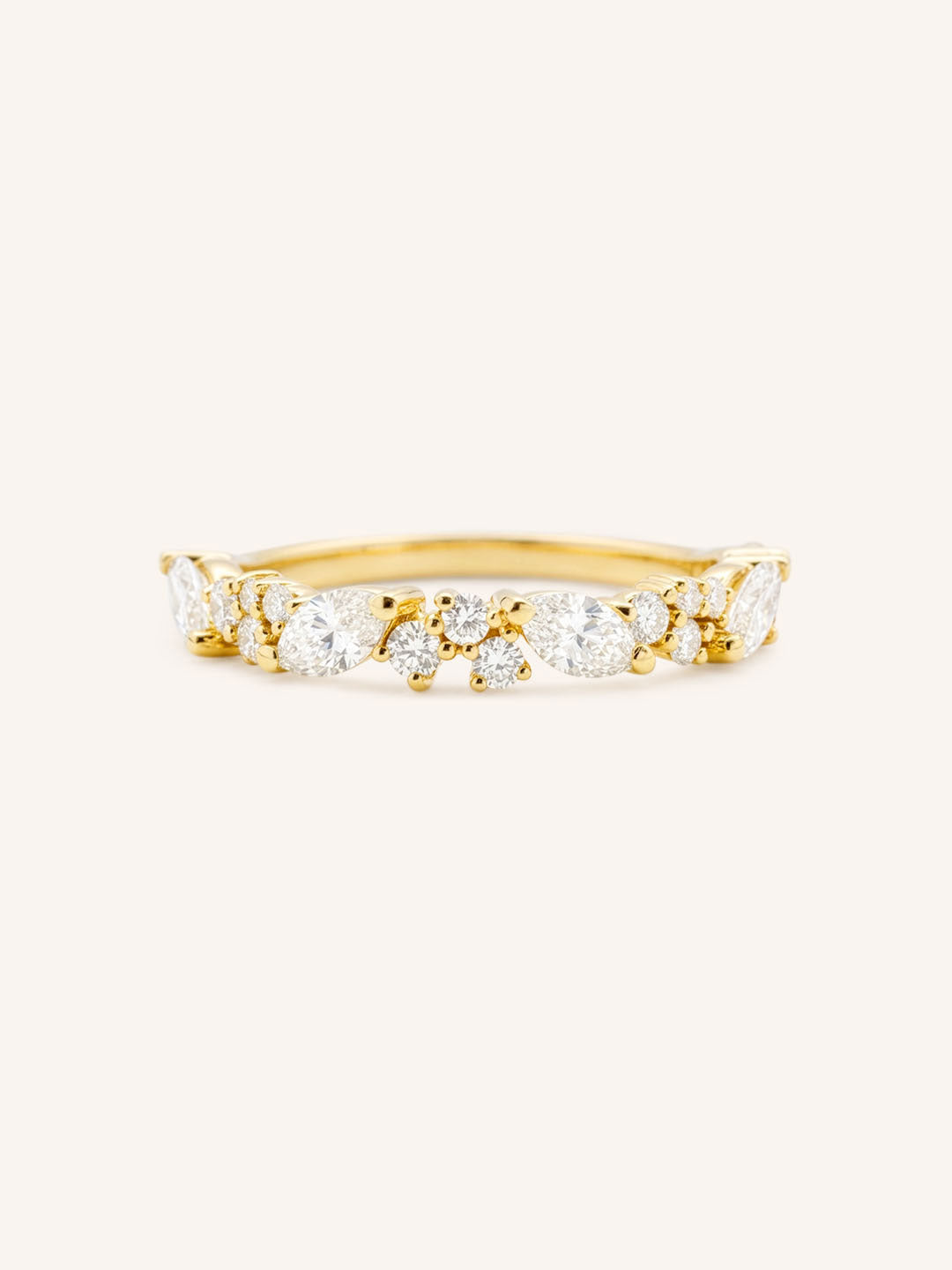 Yellow gold Kamaria diamond anniversary band front view on white background