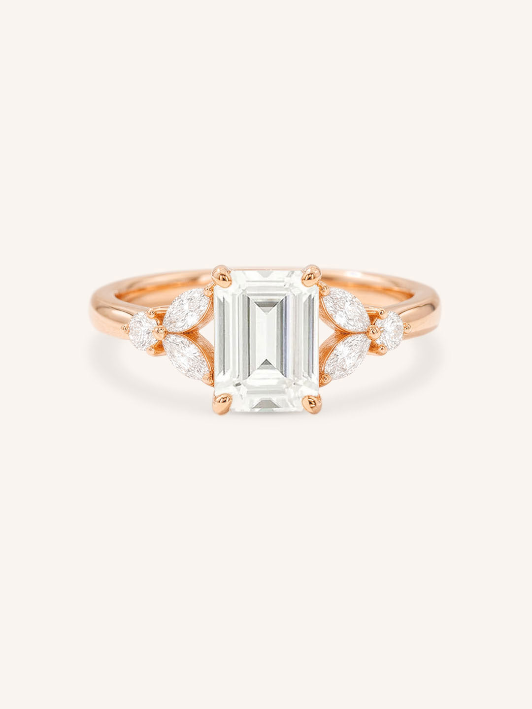 Rose gold Kyleigh emerald cut diamond engagement ring front view on white background