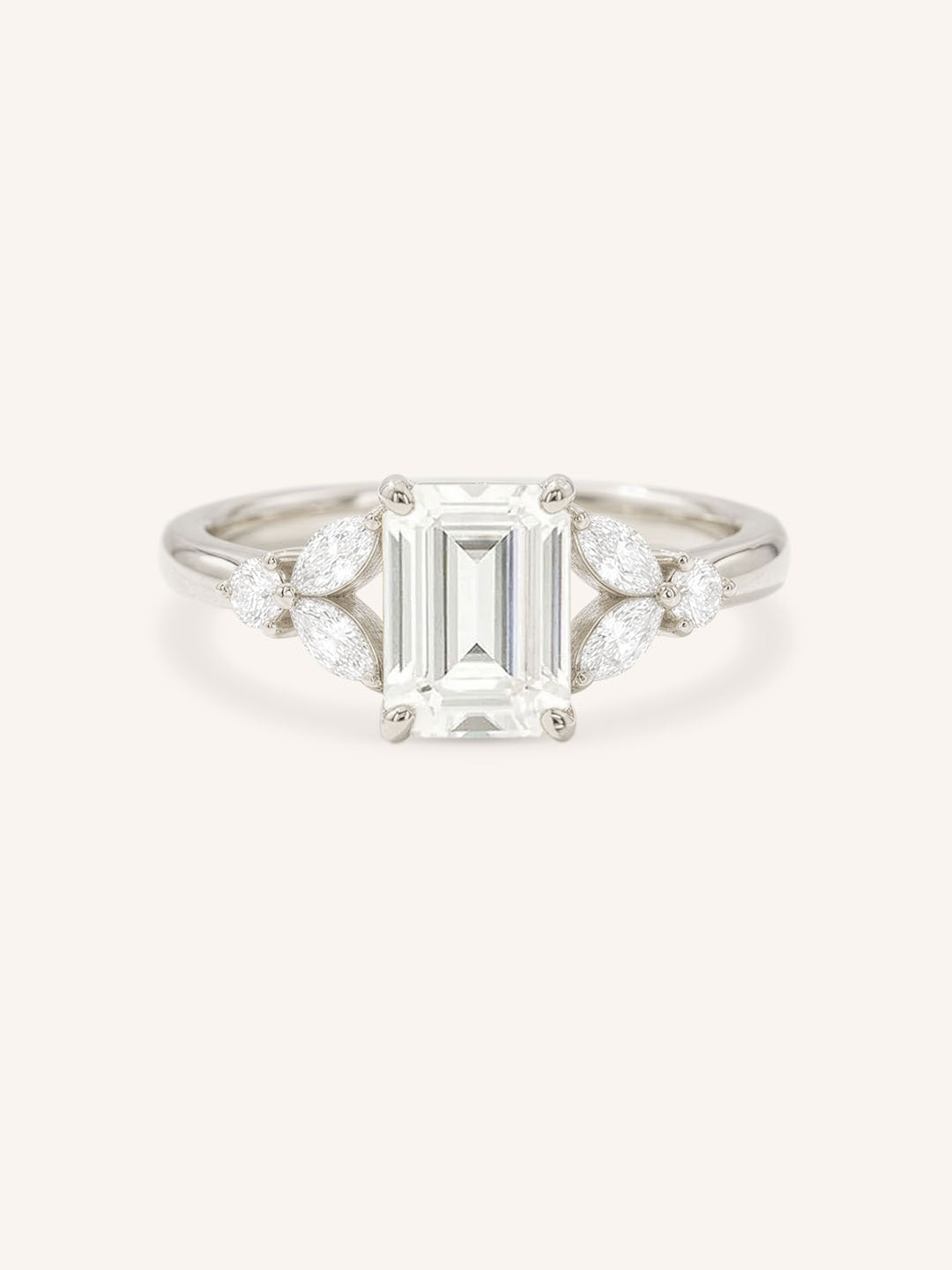 White gold Kyleigh emerald cut diamond engagement ring front view on white background