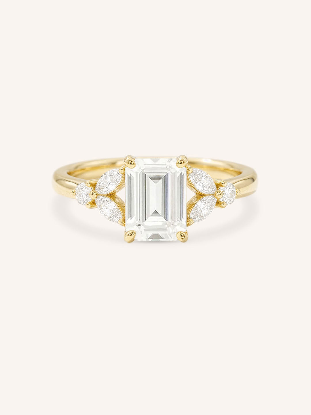 Yellow gold Kyleigh emerald cut diamond engagement ring front view on white background